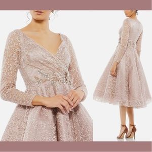 NWT $698 Mac Duggal [ 14 ] Lace V- Neck Long Sleeve Tea Length Dress Mocha Pink‎